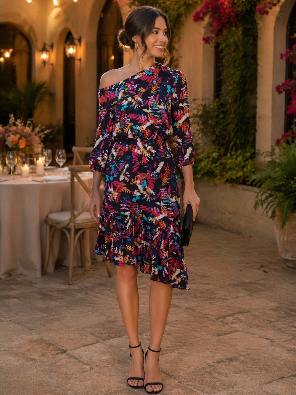 Saloni Silk Midi Dress SZ 2 One Shoulder Asymmetrical Floral Ruffle